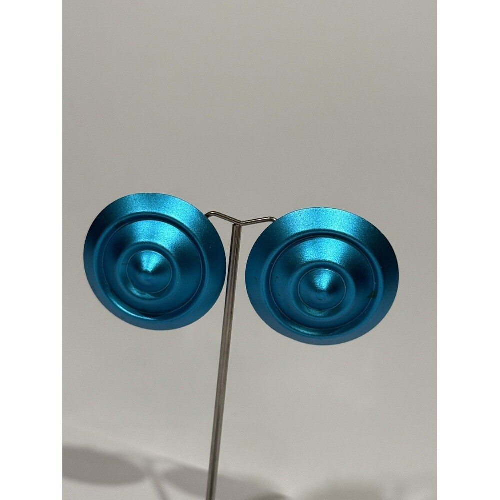 Vintage Large Blue Disc Earrings Statement Round Retro Clip On Bold Mod - Picture 10 of 11